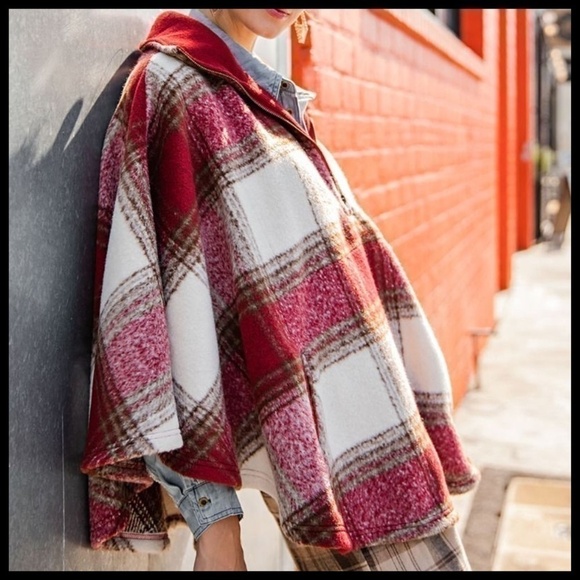 Easel Ultra Lux Cozy Red Plaid Wool Blend Poncho Cape Zippered Neck NWT - Picture 5 of 15